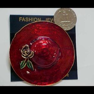 very large red hat pin purple flower brooch